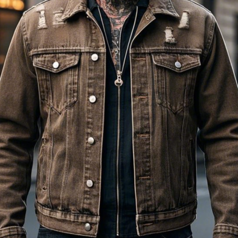 Men's Retro Casual Lapel Ripped Denim Jacket 9903259189432