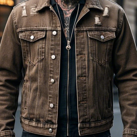 Men's Retro Casual Lapel Ripped Denim Jacket 9903259189432