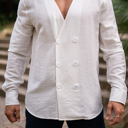 Men's Fashion Casual Tencel Cotton V-neck Double Breasted Long Sleeve Shirt DTT25071701
