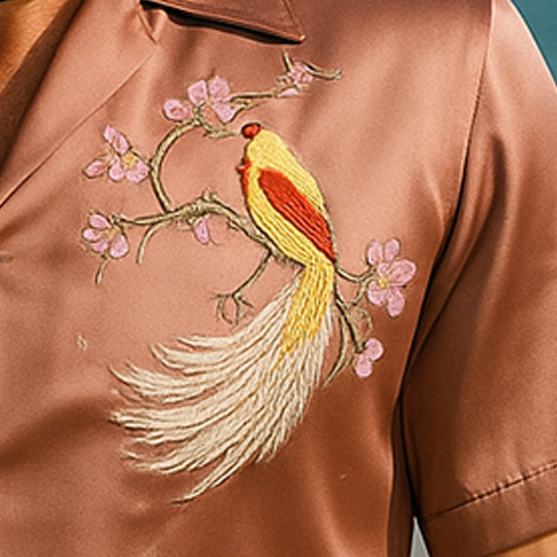 Men's Summer Fashion Satin Flower And Bird Embroidery Short Sleeve Shirt DTT25060403