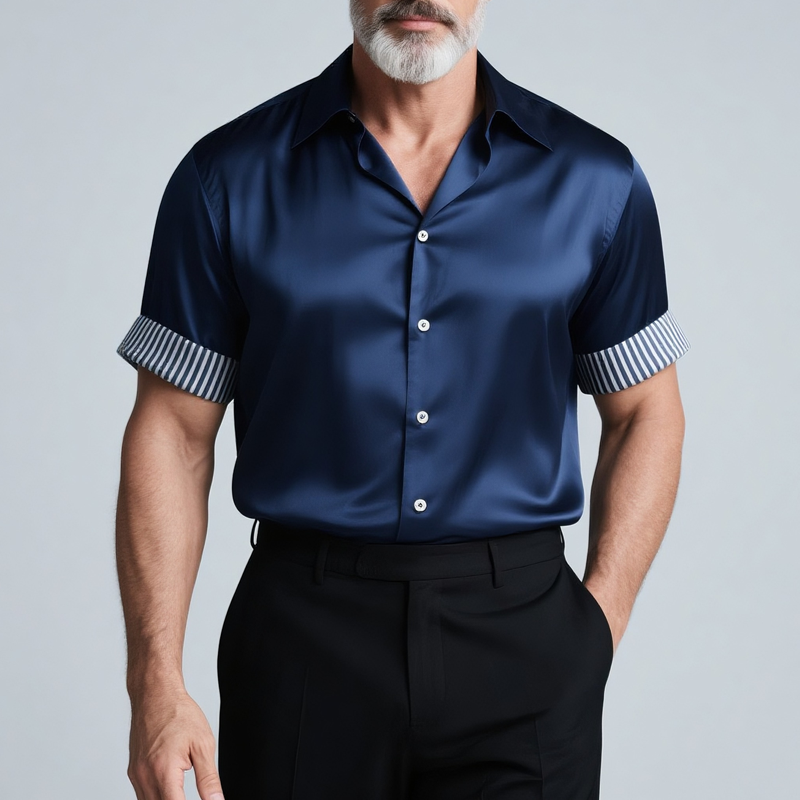 Men's Striped Rolled Short Sleeve Lapel Satin Shirt DTT25072912