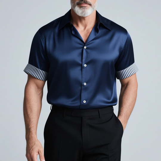 Men's Striped Rolled Short Sleeve Lapel Satin Shirt DTT25072912