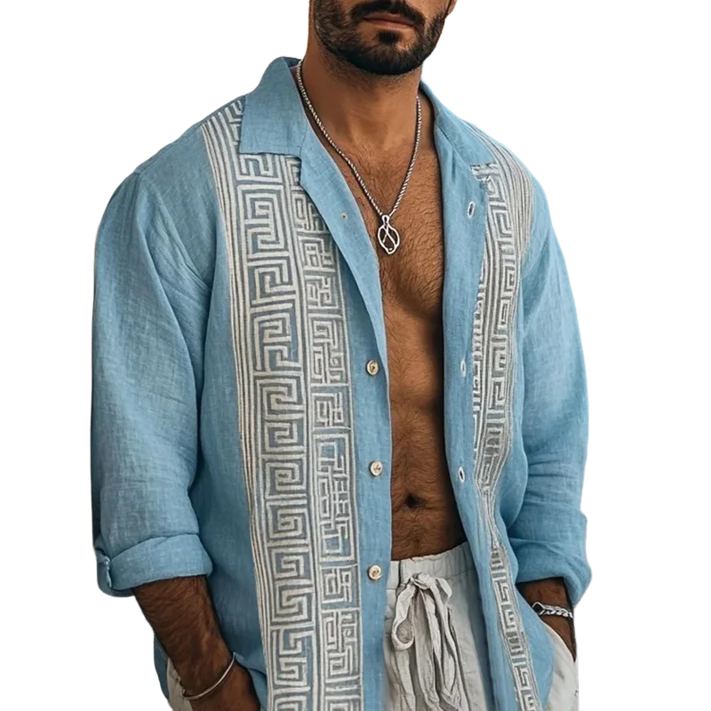 Men's Fashion Embroidery Lapel Long Sleeve Cotton And Linen Shirt 9899715166392