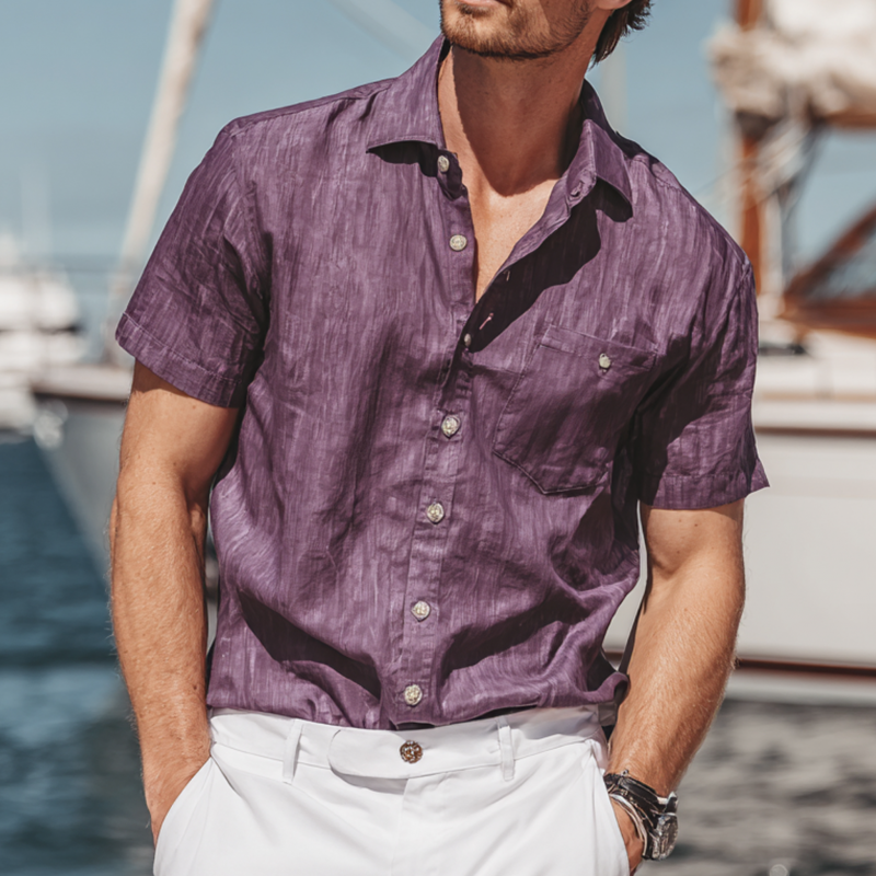 Men's Casual Breathable Cotton Linen Lapel Patch Pocket Loose Short-sleeved Shirt DTT25070217