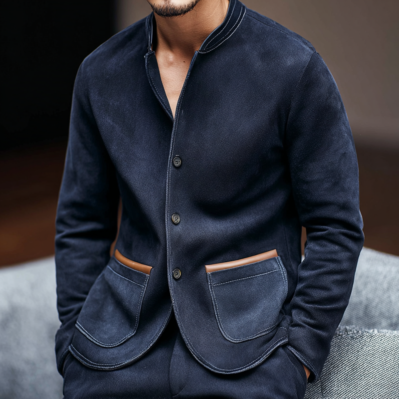 Men's PU Splicing Pocket Faux Suede Stand Collar Single Breasted Casual Jacket DTT25082518
