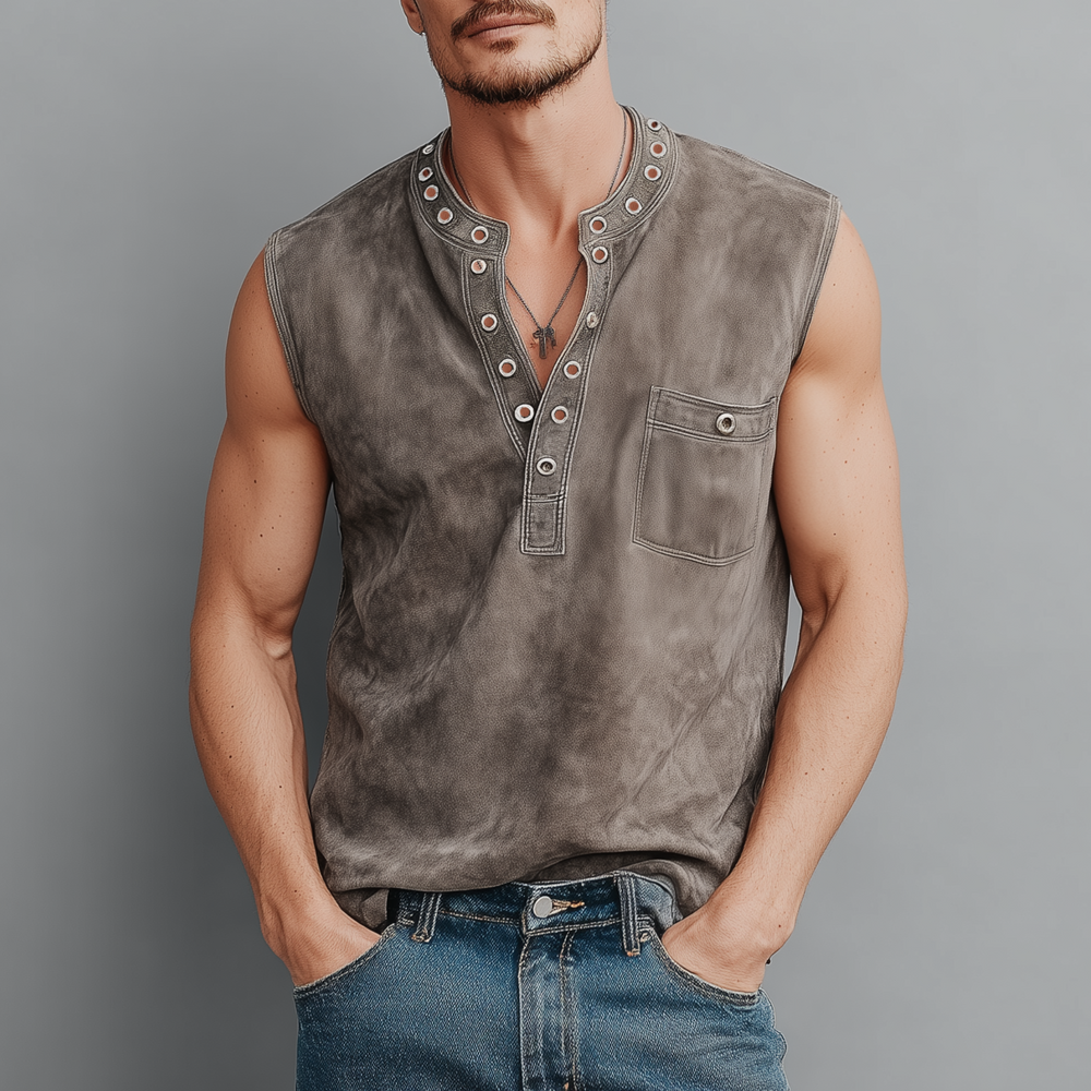 Men's Spring And Summer Casual Thin Suede Henry Collar Decorated Rivet Slim Fit Tank Top DTT25072107