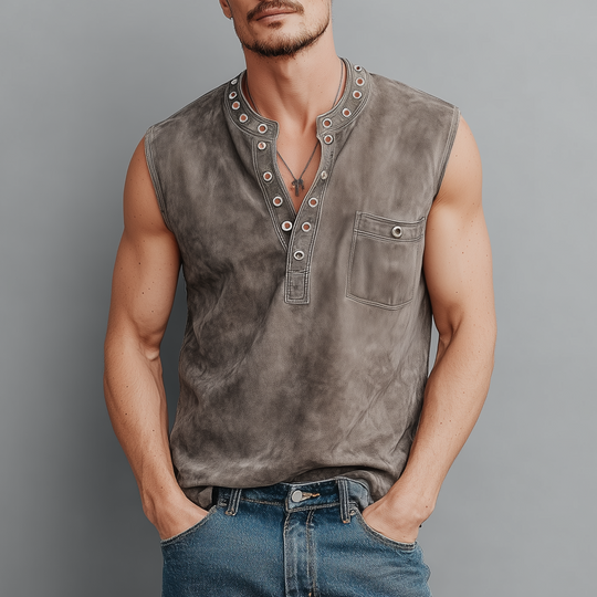 Men's Spring And Summer Casual Thin Suede Henry Collar Decorated Rivet Slim Fit Tank Top DTT25072107