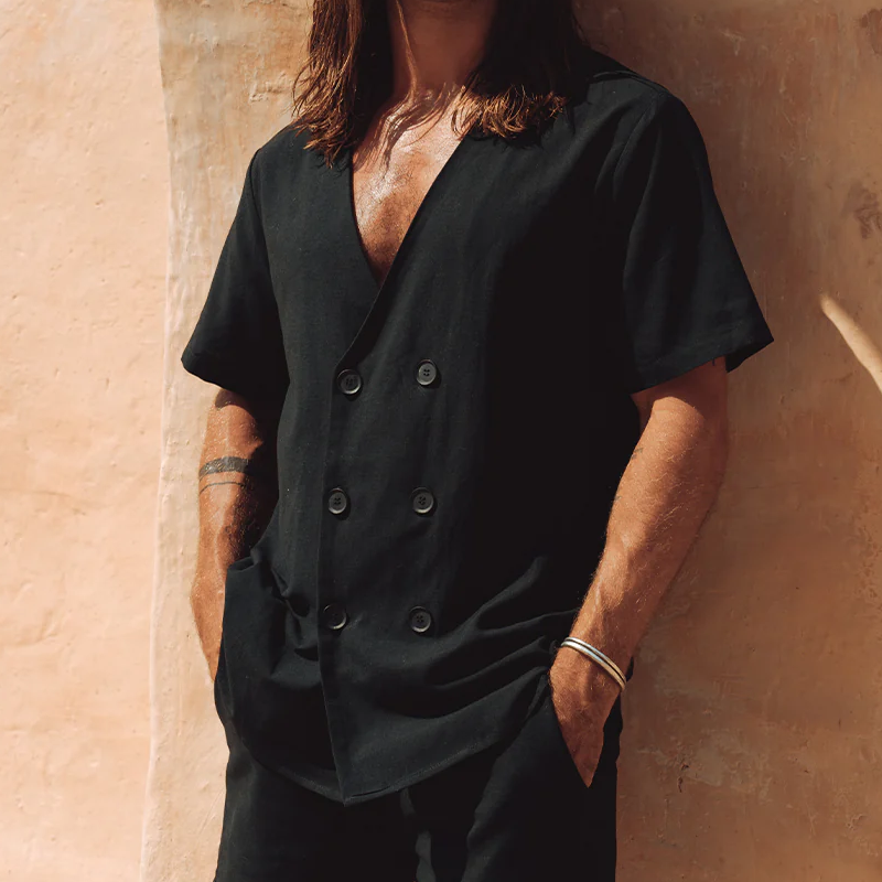 Men's Spring And Summer Fashion Casual Chiffon V-neck Double-breasted Short-sleeved Shirt DTT25071104