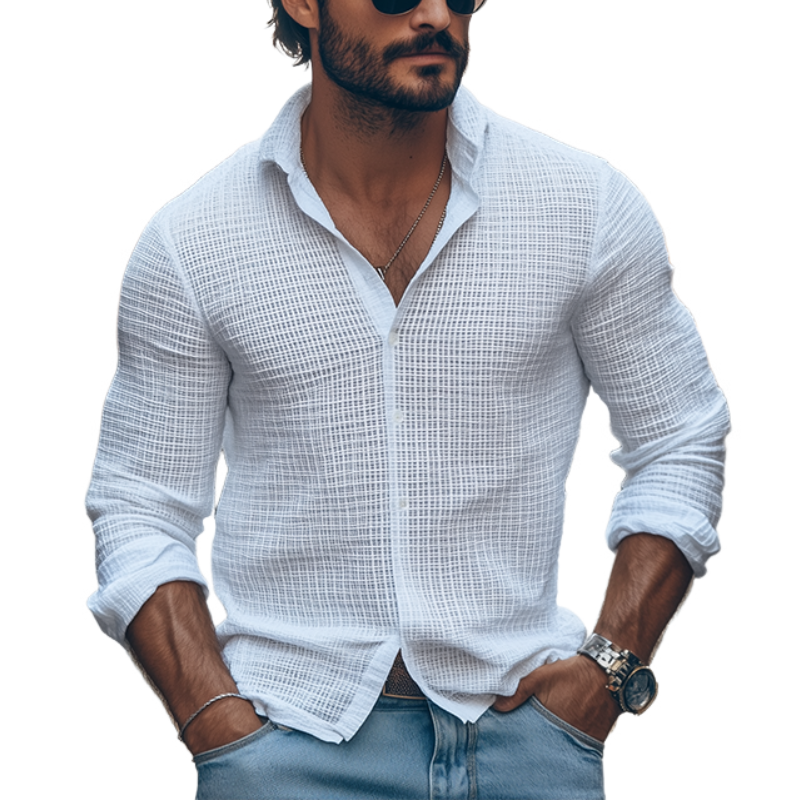 Men's Classic Casual Slim Fit Solid Color Waffle Long Sleeve Shirt 9909010104504