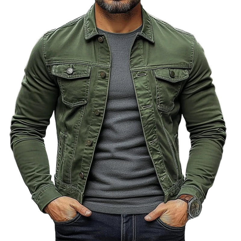 Men's Solid Color Slim Fit Single-breasted Lapel Denim Jacket DTT25082703