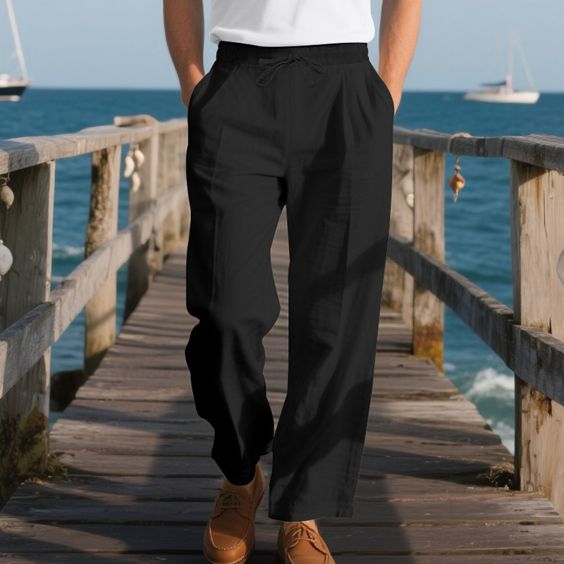 Men's Cotton And Linen Solid Color Elastic Waist Casual Pants DTT25072814
