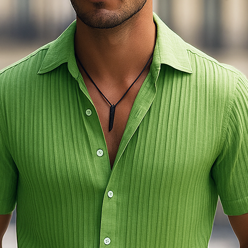 Men's Solid Striped Lapel Short Sleeve Shirt DTT25062501