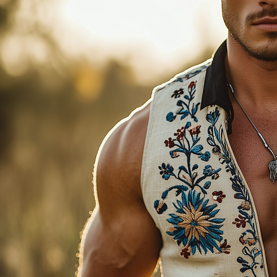 Men's Summer Fashion Embroidery Slub Linen Collared Sleeveless Vest DTT25070113