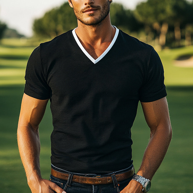 Men's Contrast Knitted V-Neck Short-Sleeved T-Shirt DTT25053008