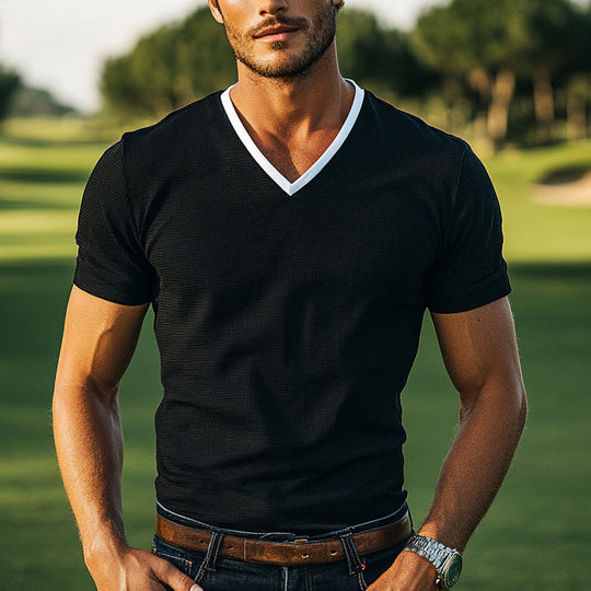 Men's Contrast Knitted V-Neck Short-Sleeved T-Shirt DTT25053008
