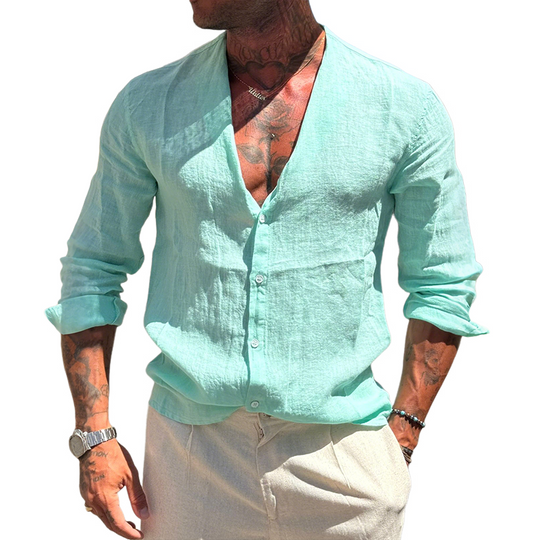 Men's Retro Casual Solid Color Linen Collarless Long Sleeve Shirt DTT25072818
