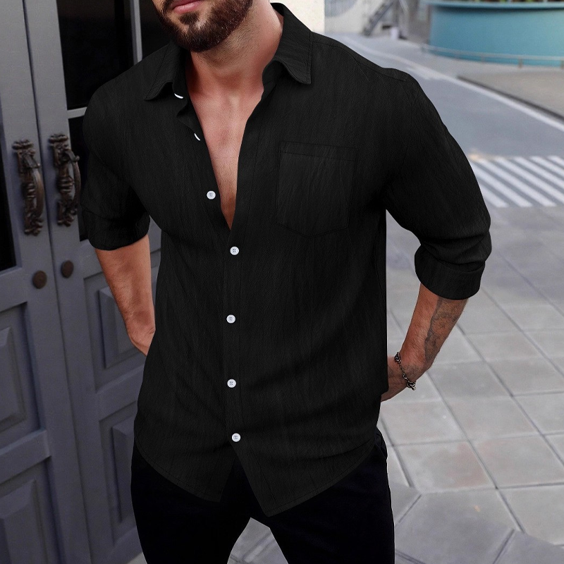 Men's Cotton Blended Solid Color Casual Long Sleeve Shirt DTT25072411