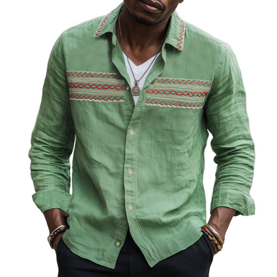 Men's Vintage Cotton And Linen Embroidered Long Sleeve Shirt DTT25082712