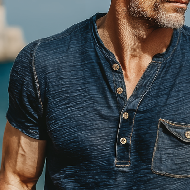 Men's Summer Classic Henley Collar Textured Short Sleeve T-Shirt DTT25070315
