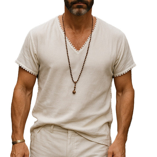 Men's Summer Breathable And Comfortable Linen Lace V-Neck Short-Sleeved T-Shirt DDT25052805