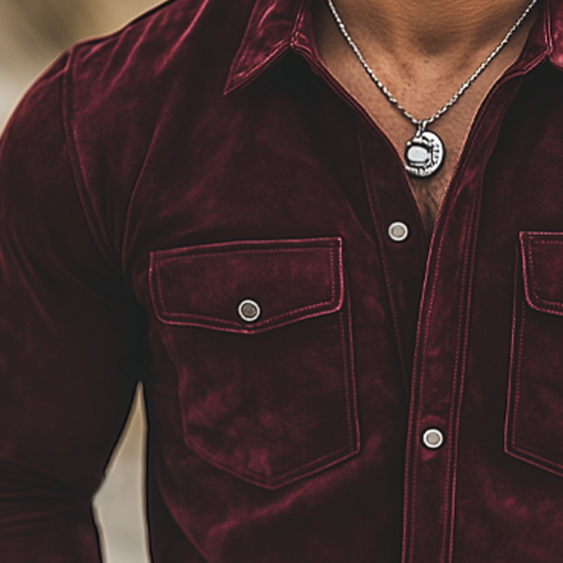 Men's Classic Lapel Button Velvet Long Sleeve Shirt DTT25073008