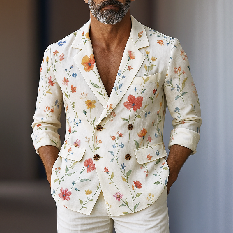 Men's Floral Notch Lapel Double Breasted Chiffon Blazer DTT25070819