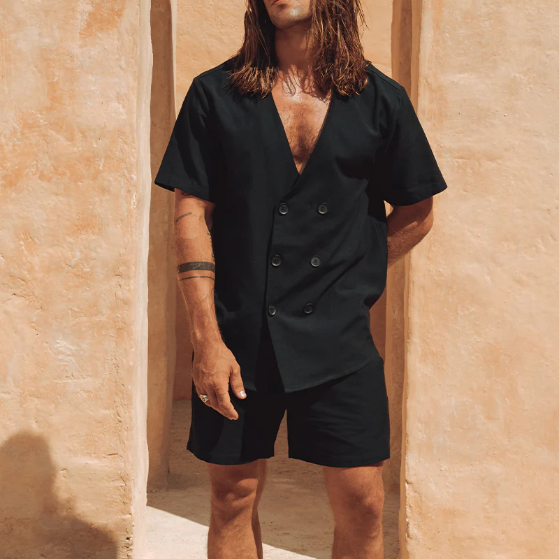 Men's Spring And Summer Fashion Casual Chiffon V-neck Double-breasted Short-sleeved Shirt DTT25071104