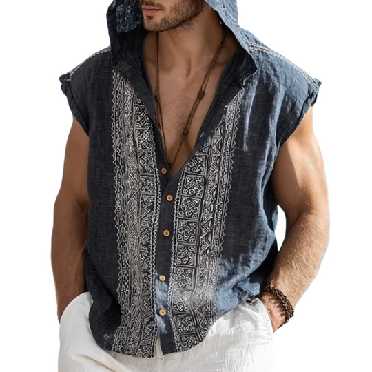 Men's Embroidered Single Breasted Hooded Sleeveless Shirt DTT25071513