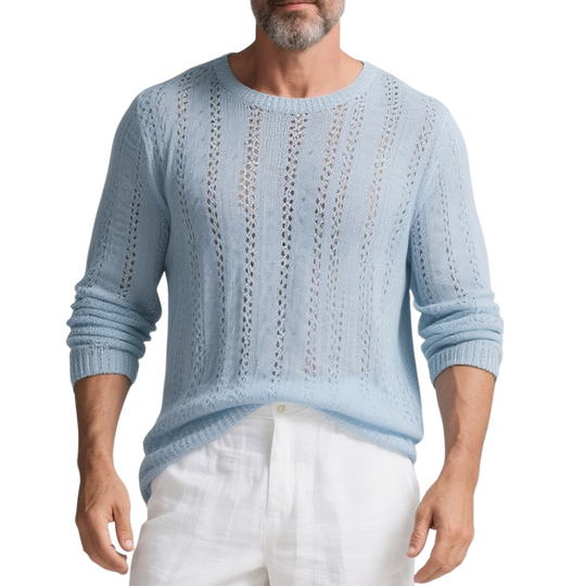 Men's Solid Color Hollow Out Knit Round Neck Long Sleeve Sweater DTT25073115