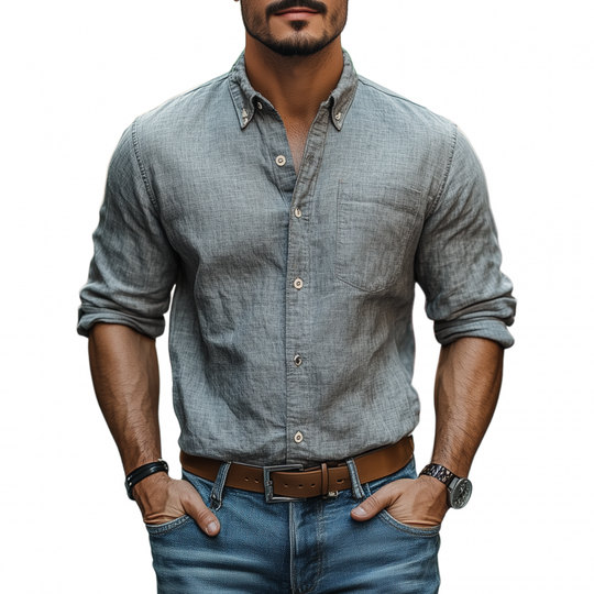 Men's Casual Breathable Cotton Linen Lapel Patch Pocket Slim Fit Long Sleeve Shirt DTT25070816