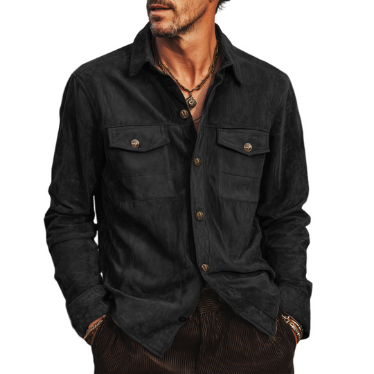 Men's Spring And Autumn Retro Black Suede Long Sleeve Shirt DTT25082037