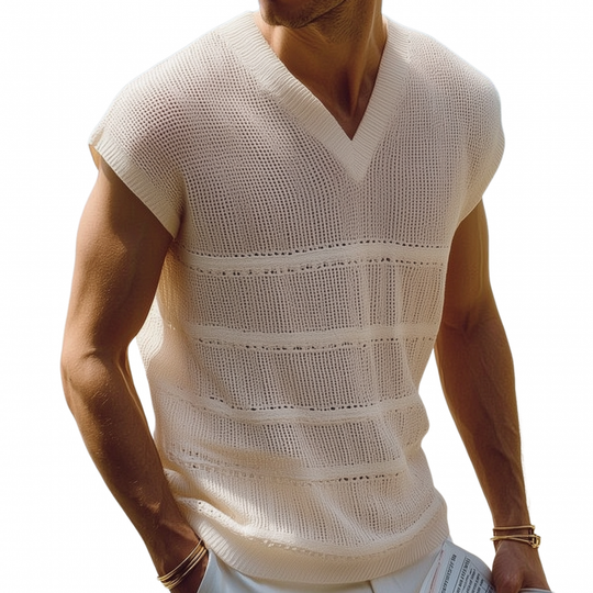 Men's Casual V-neck Slim Fit Solid Color Hollow Knitted Vest DTT25071119