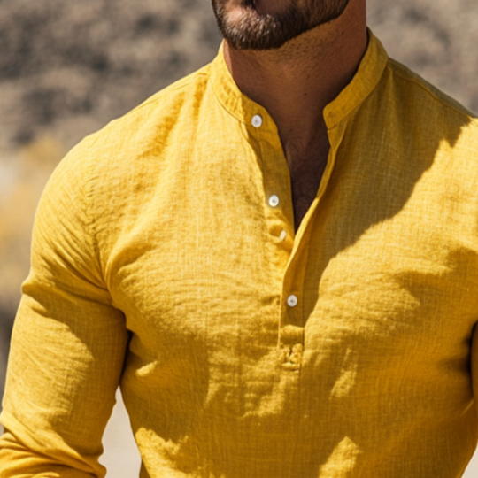 Men's Retro Casual Solid Color Linen Stand Collar Long Sleeve Shirt 9911546577080