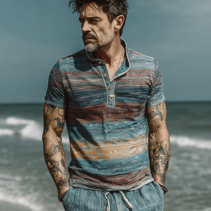 Men's Stripe Print Lapel Short Sleeve T-Shirt DTT25063010