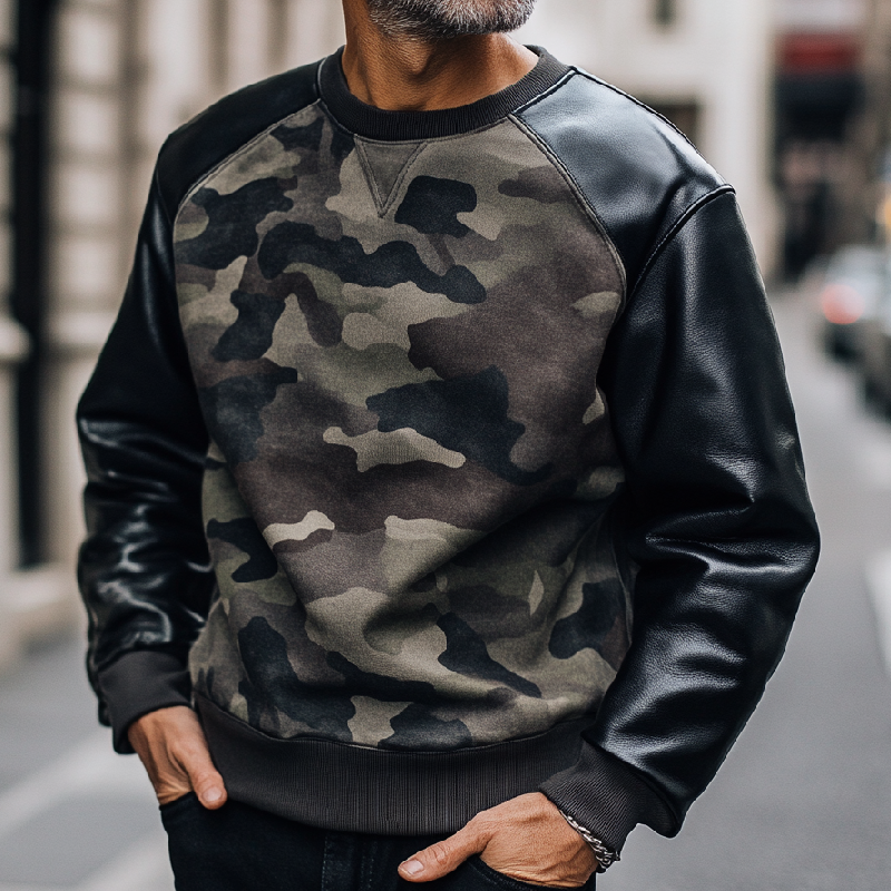Men's Casual Trendy Camouflage Patchwork Round Neck Sweatshirt 9893975720120