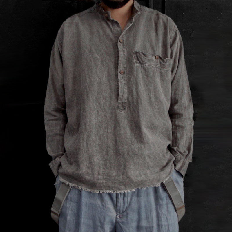 Men's Fashion Washed Distressed Stand Collar Long Sleeve Loose Shirt DTT25072220