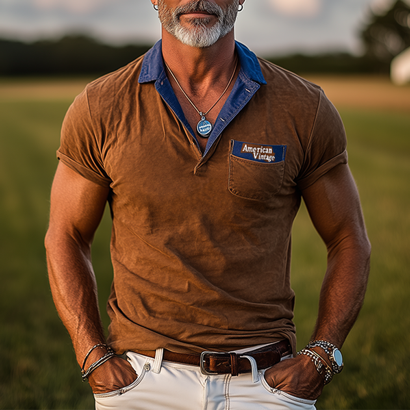 Men's Classic Casual American Retro Tough Style Cotton Blended Splicing Tencel Denim Letter Embroidery Slim Short-sleeved Polo Shirt DDT25052818