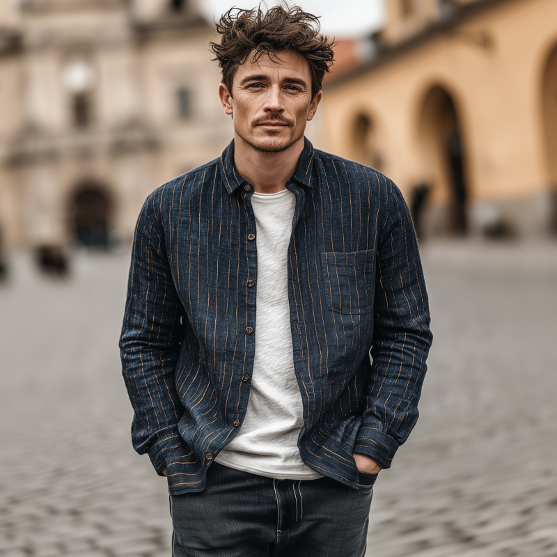 Men's Casual Breathable Linen Striped Lapel Patch Pocket Slim Fit Long Sleeve Shirt DTT25072206