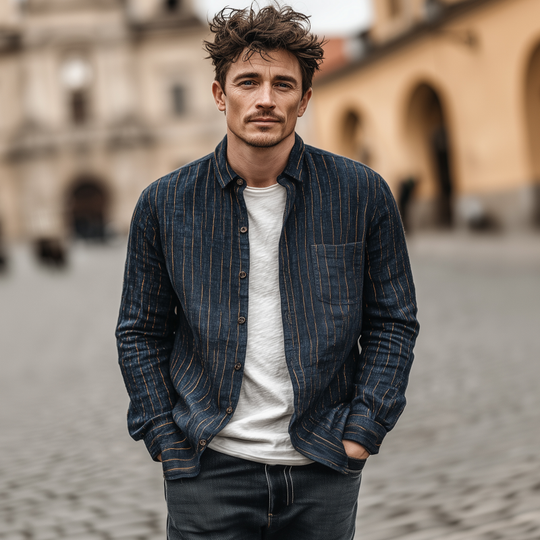 Men's Casual Breathable Linen Striped Lapel Patch Pocket Slim Fit Long Sleeve Shirt DTT25072206