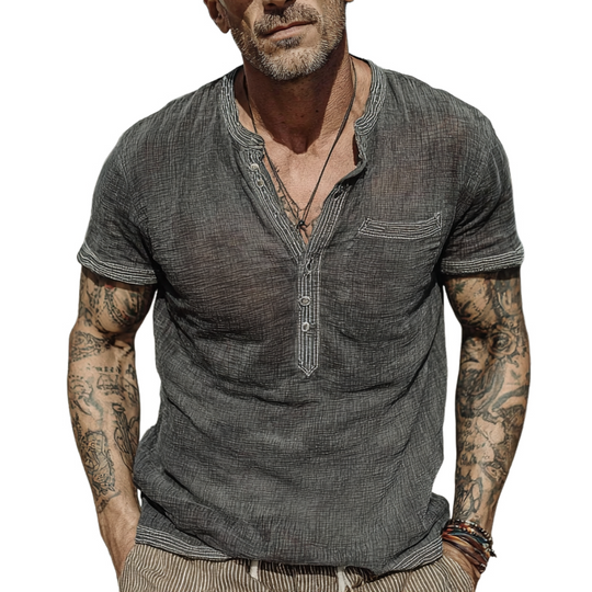 Men's Cotton And Linen Round Neck Pullover Short Sleeve Shirt DTT25063007