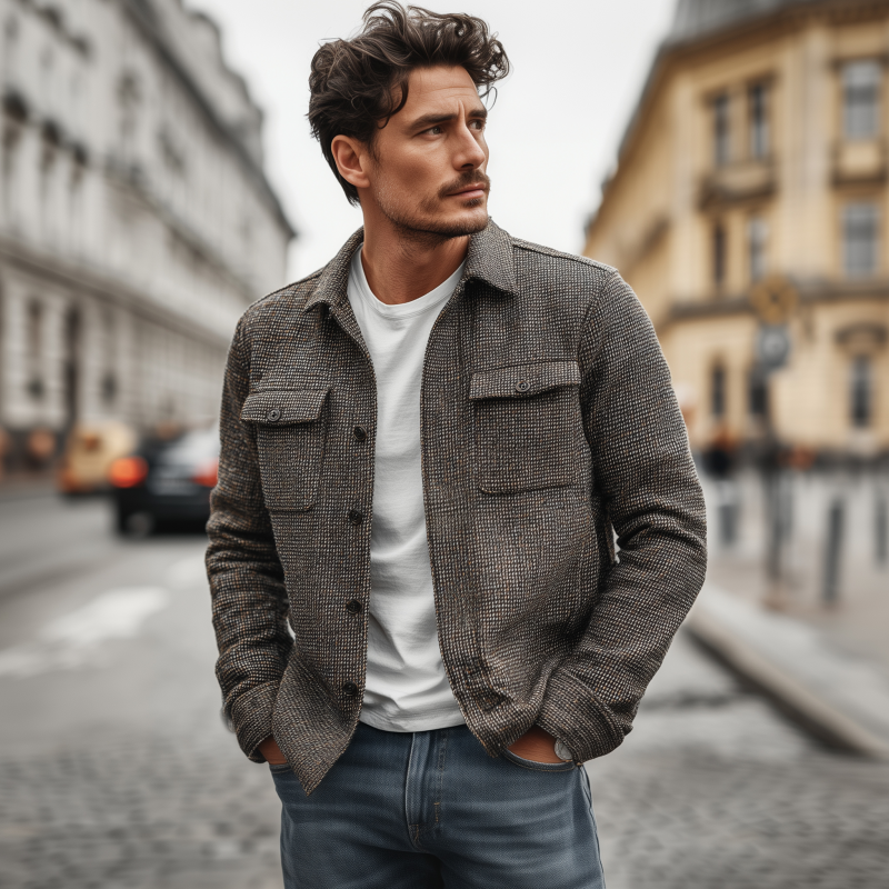 Men's Vintage Check Lapel Single Breasted Flap Pocket Loose Long Sleeve Shirt Jacket DTT25080408