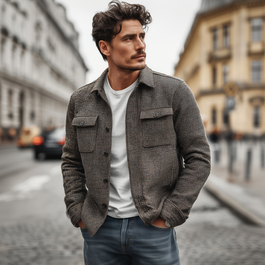 Men's Vintage Check Lapel Single Breasted Flap Pocket Loose Long Sleeve Shirt Jacket DTT25080408