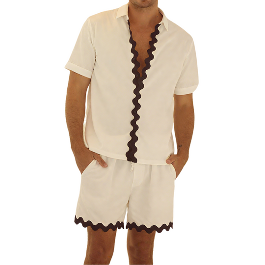 Men's Spring And Summer Fashion Casual Wave Ribbon Decorated Short Sleeve Shirt Shorts Set DTT25071620