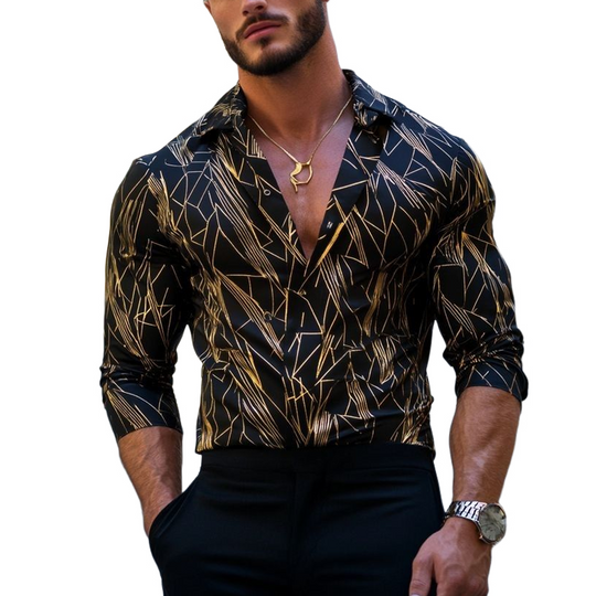 Men's Gold Geometric Print Lapel Long Sleeve Shirt DTT25062023