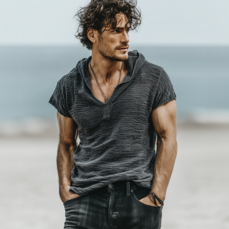 Men's Fashion Breathable Gray Texture V-neck Hooded Loose Short-sleeved T-shirt DTT25062618