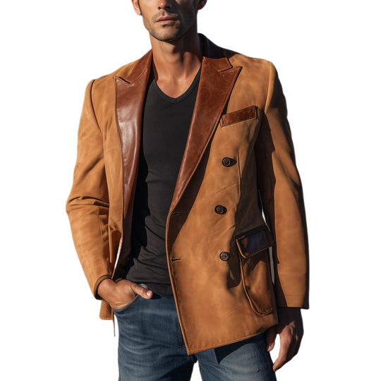 Men's Classic Retro Western Cowboy Style Suede Double-breasted Collar Splicing PU Leather Slim-fit Blazer DTT25080718