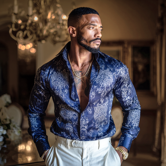 Men's Vintage Print Satin Lapel Long Sleeve Shirt DTT25081401