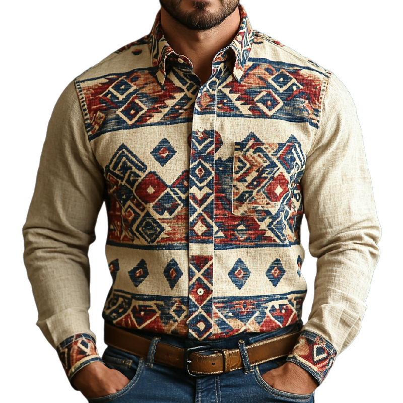 Men's Retro Lapel Printed Cotton and Linen Long Sleeve Shirt 9904629973176