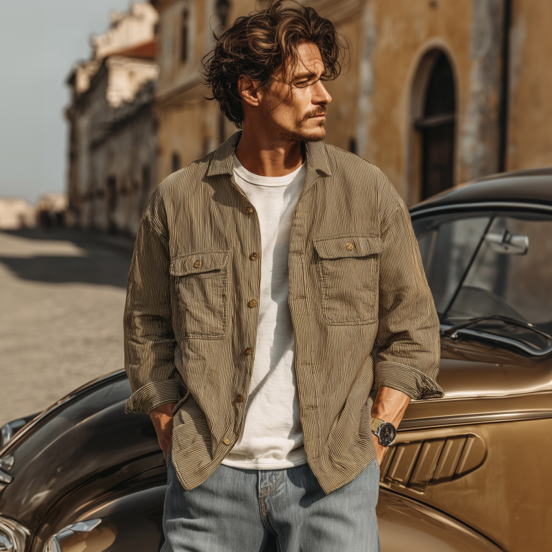 Men's Casual Breathable Cotton Striped Lapel Chest Pocket Loose Long Sleeve Shirt DTT25072418