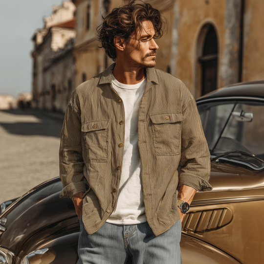 Men's Casual Breathable Cotton Striped Lapel Chest Pocket Loose Long Sleeve Shirt DTT25072418